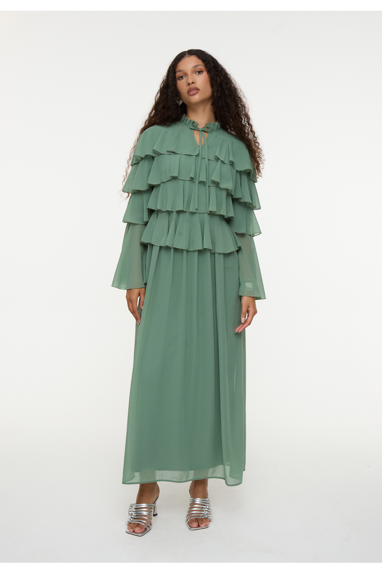 Modest Ruffle Chiffon Dress Maxi With Designer Sleeve, Main, color, GREEN