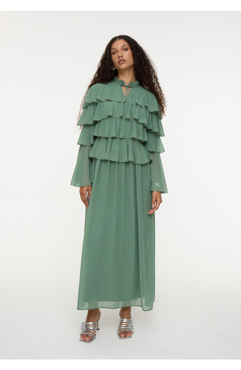 MARYISA Modest Ruffle Chiffon Dress Maxi With Designer Sleeve, Main, color, Green
