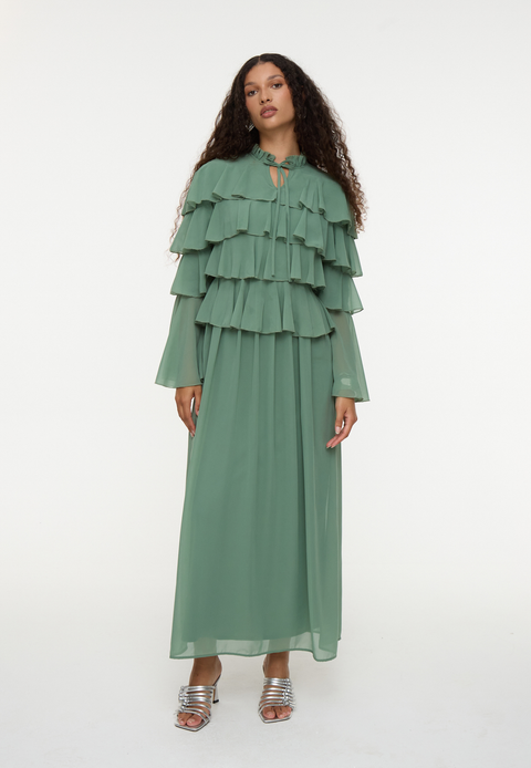 Modest Ruffle Chiffon Dress Maxi With Designer Sleeve