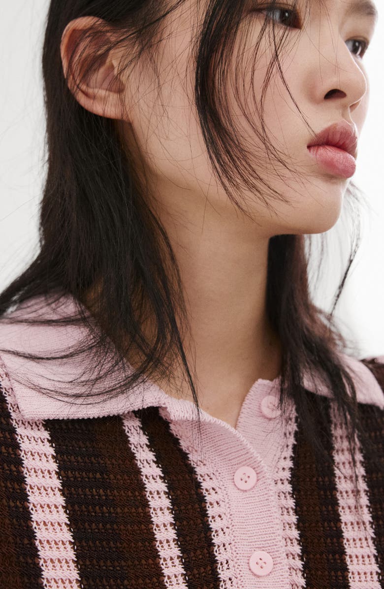 MANGO Stripe Short Sleeve Polo Sweater, Alternate, color, Chocolate