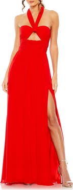 Mac Duggal Ruched Halter Strap Keyhole Chiffon Gown