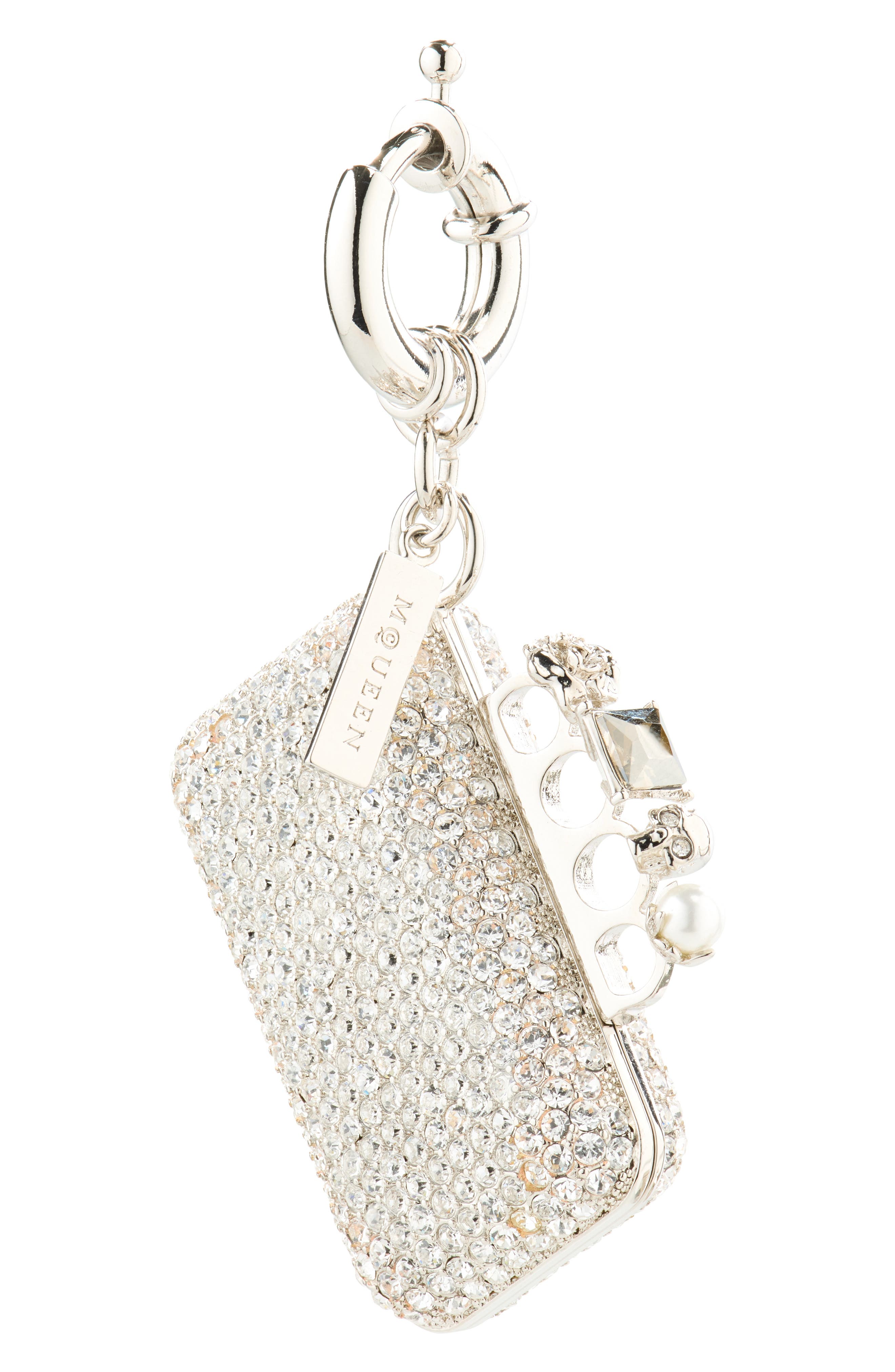 McQueen Micro Clutch Crystal Embellished Bag Charm, Main, color, Shiny Silver/ Pave