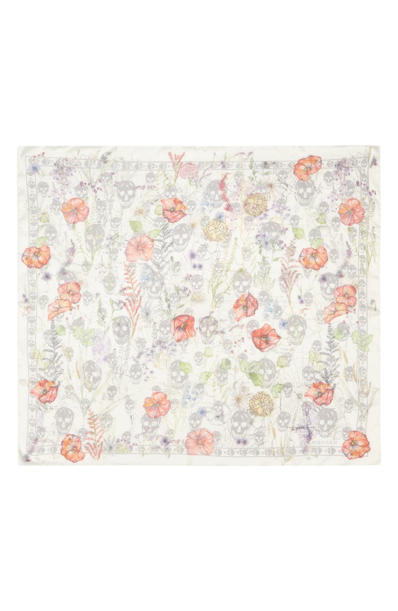 McQueen Spider Floral Silk Twill Chiffon Scarf, Main, color, Ivory/ Medium Grey
