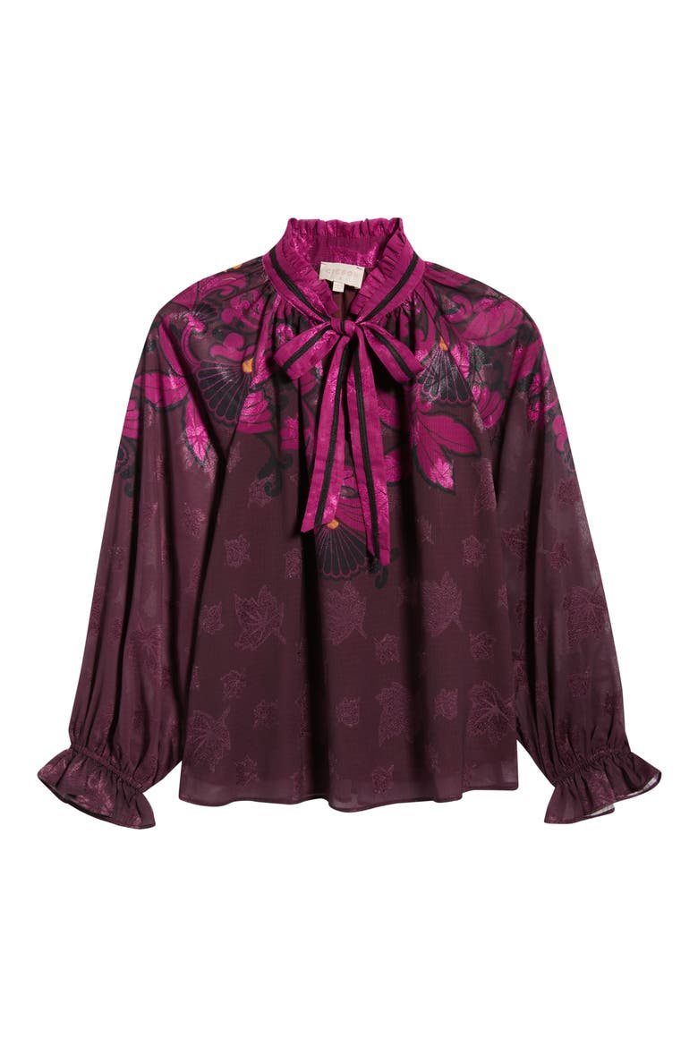 Kimi Leaf Print Tie Neck Top, Alternate, color, BURGUNDY MULTI