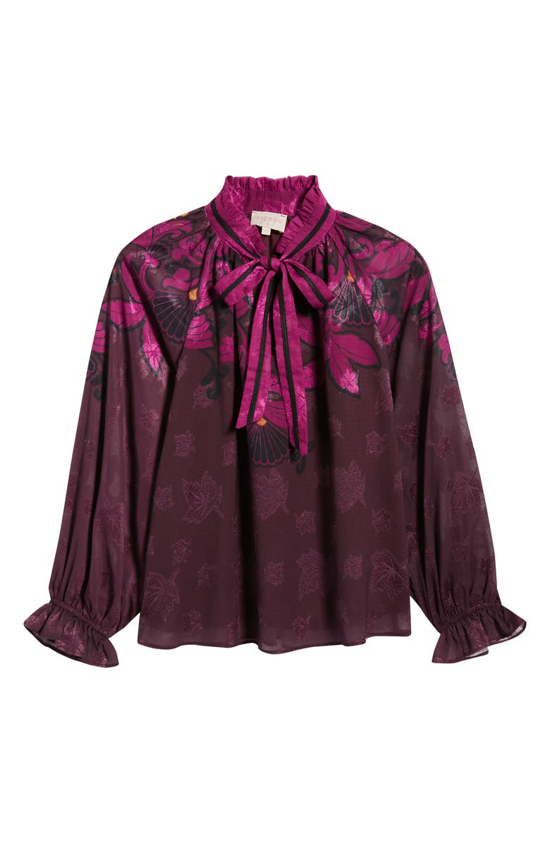 CIEBON Kimi Leaf Print Tie Neck Top, Alternate, color, Burgundy Multi