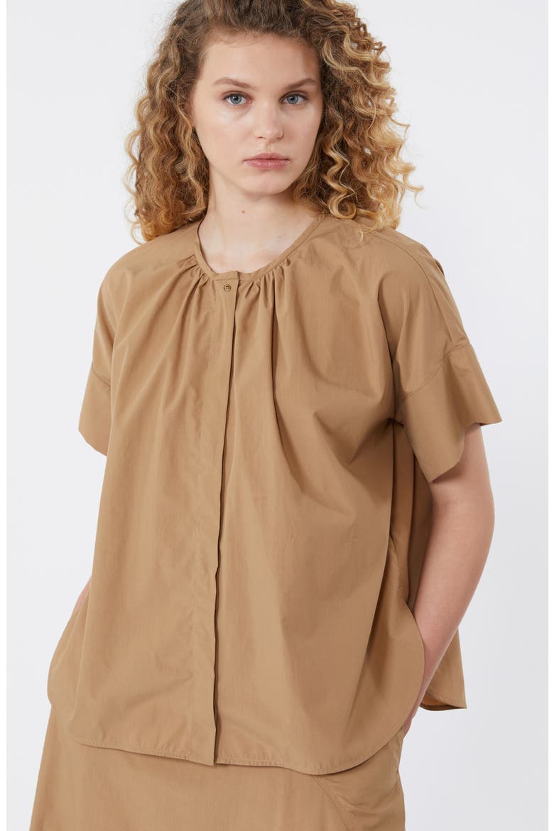 Educata Shirred Cotton Button-Up Shirt, Alternate, color, TOBACCO