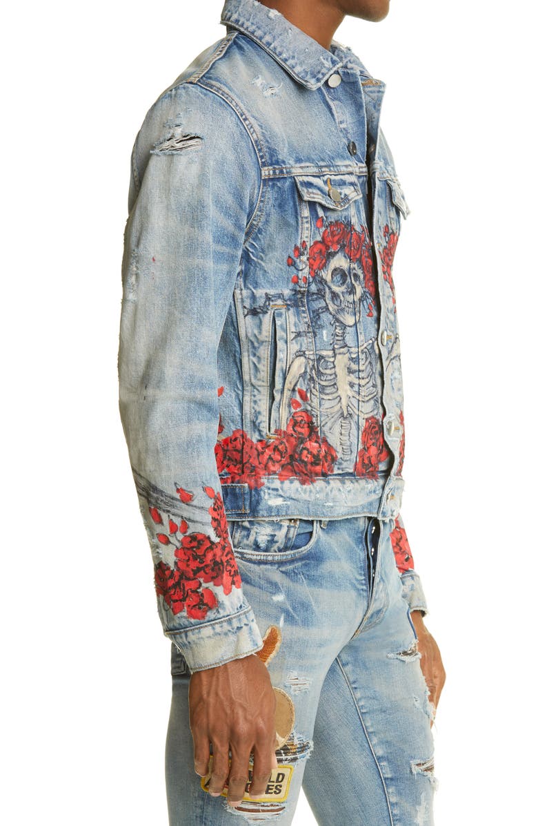 AMIRI Grateful Dead Skull & Roses Denim Trucker Jacket, Alternate, color, 