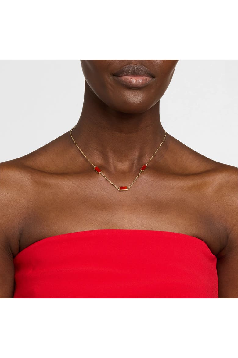 Three Station Rectangle Dash Necklace In Sterling 18K Gold Overlay, Alternate, color, RED