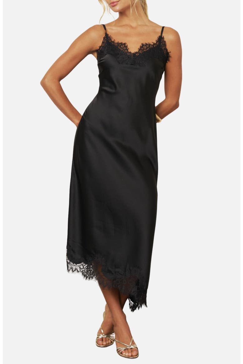 Lace Trim Satin Midi Dress, Main, color, BLACK