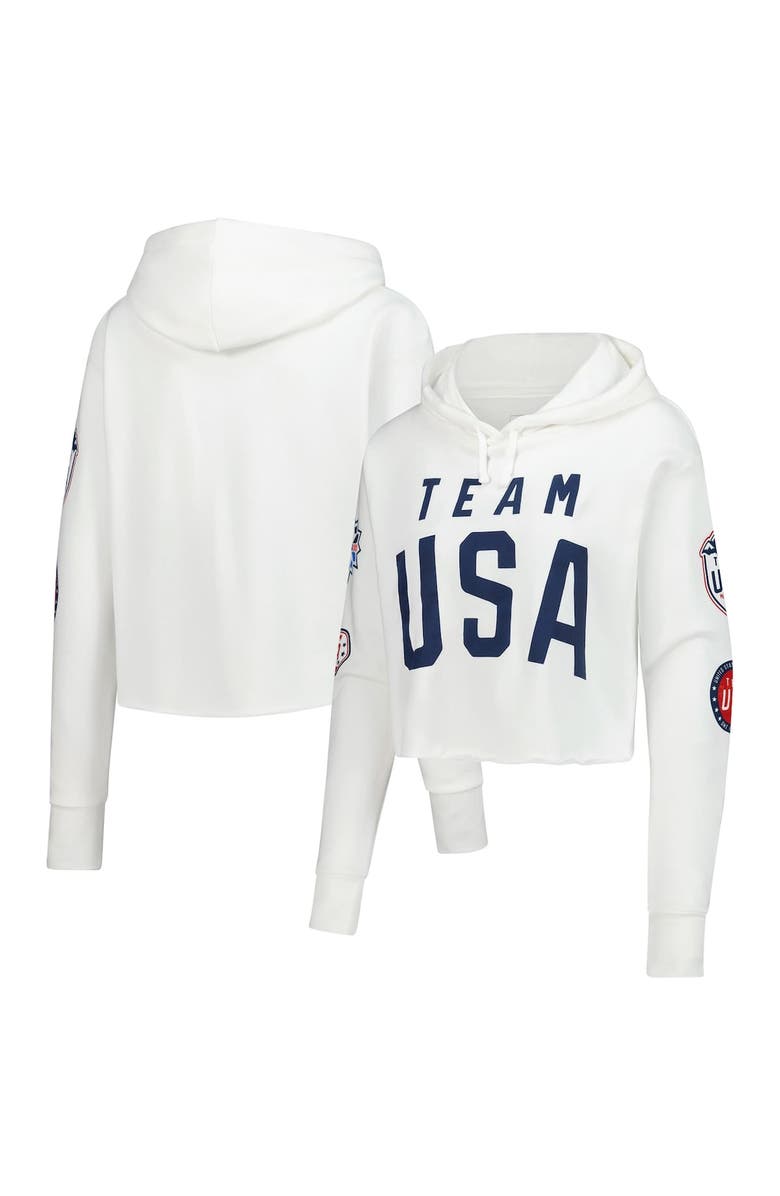 Outerstuff Women's White Team USA Flag & Patches Fleece Cropped Pullover Hoodie, Main, color, White