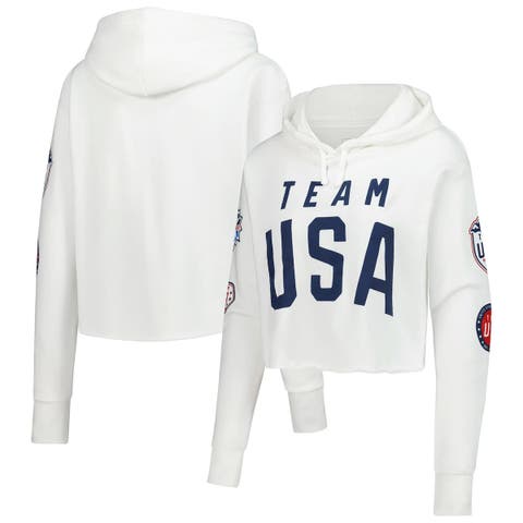 Women's White Team USA Flag & Patches Fleece Cropped Pullover Hoodie