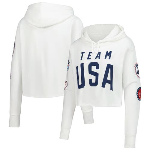 Outerstuff White Team Usa Flag & Patches Fleece Cropped Pullover Hoodie