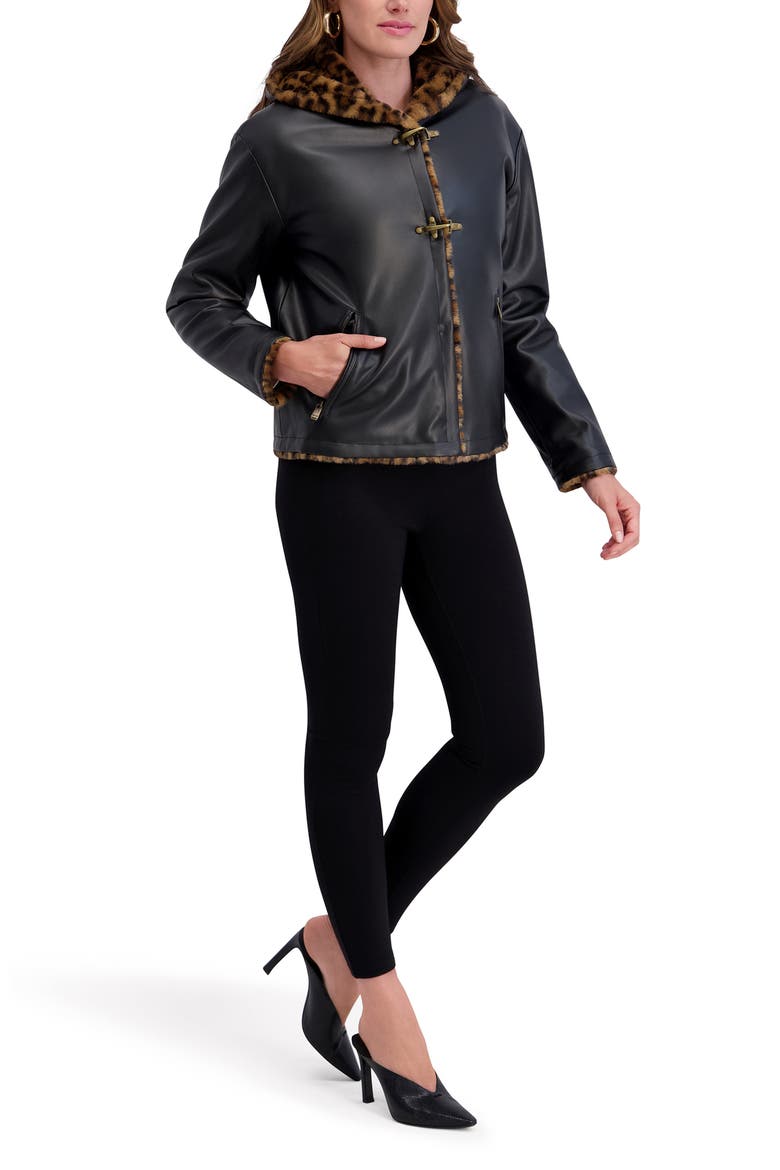 Faux Fur Lined Faux Leather Hooded Jacket, Alternate, color, BLACK