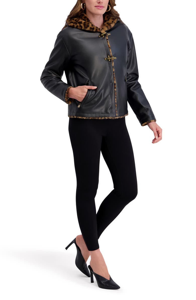 Kensie Faux Fur Lined Faux Leather Hooded Jacket, Alternate, color, Black