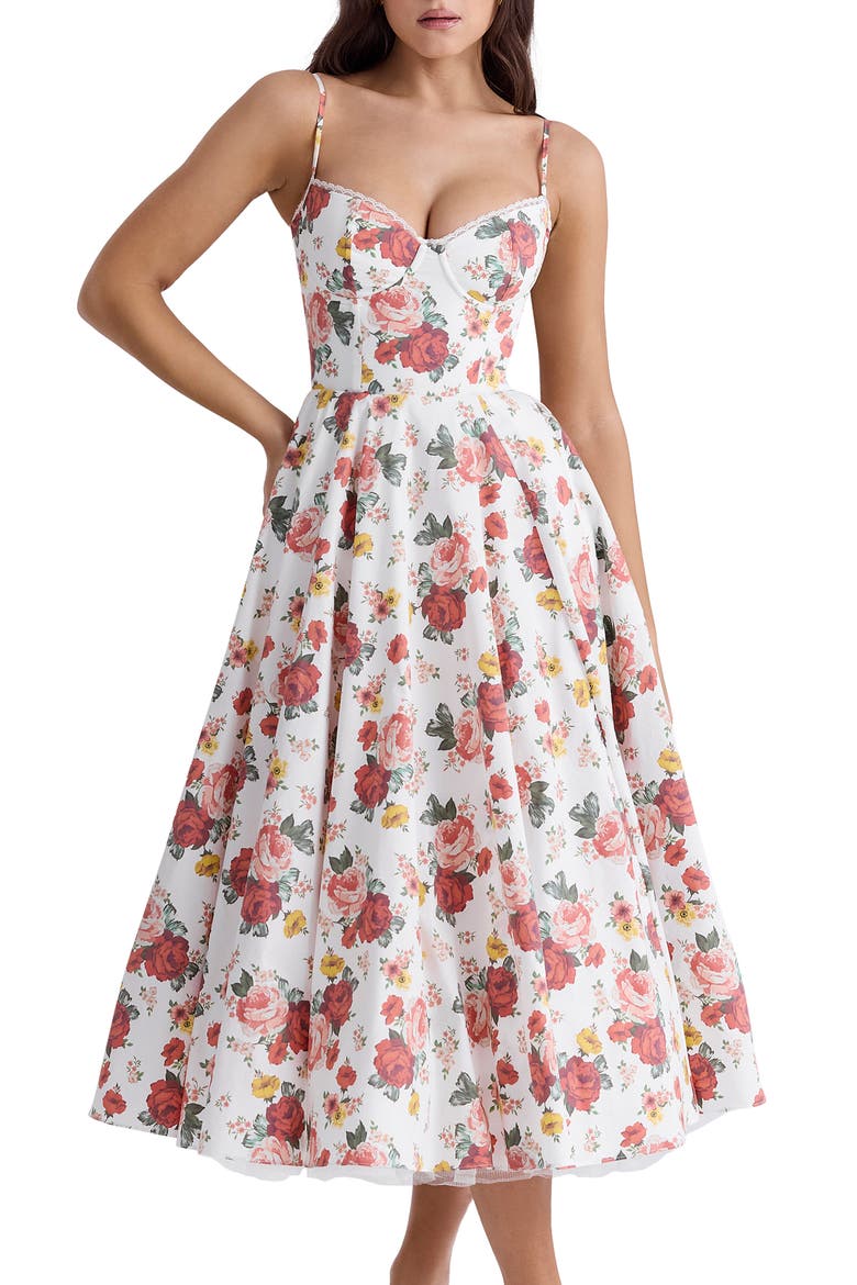 Mademoiselle Bustier Stretch Satin Midi Dress, Alternate, color, ROSE PRINT