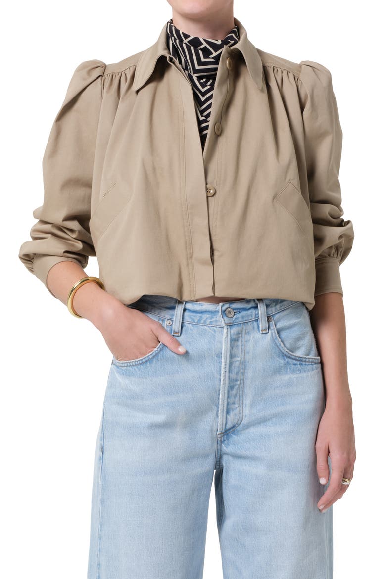 Everly Shirred Stretch Cotton Crop Jacket, Main, color, CATALINA BEIGE