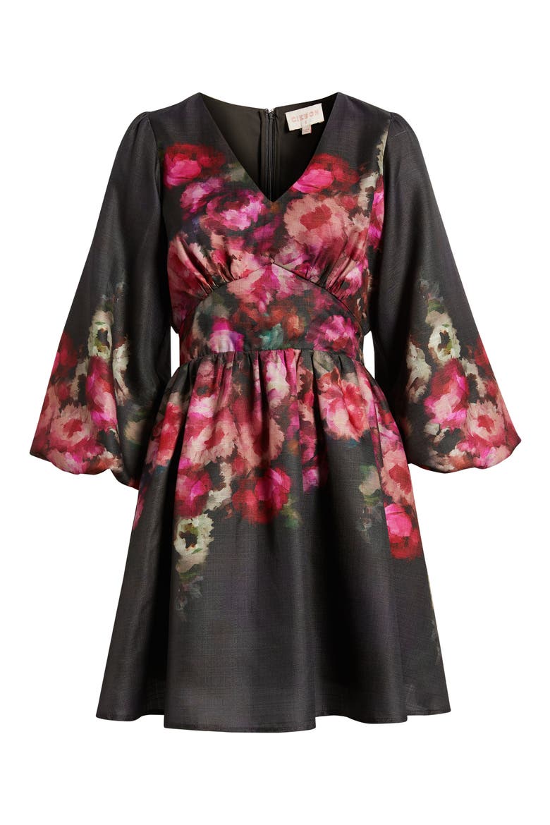 Dea Placed Floral Minidress, Alternate, color, BLACK/ FUSCHIA