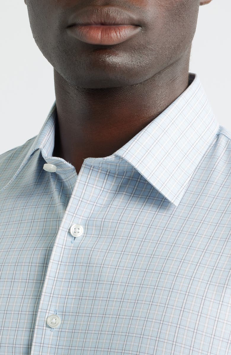 Nordstrom Trim Fit Check Premium Performance Twill Dress Shirt, Alternate, color, Blue- Brown Cheval Plaid