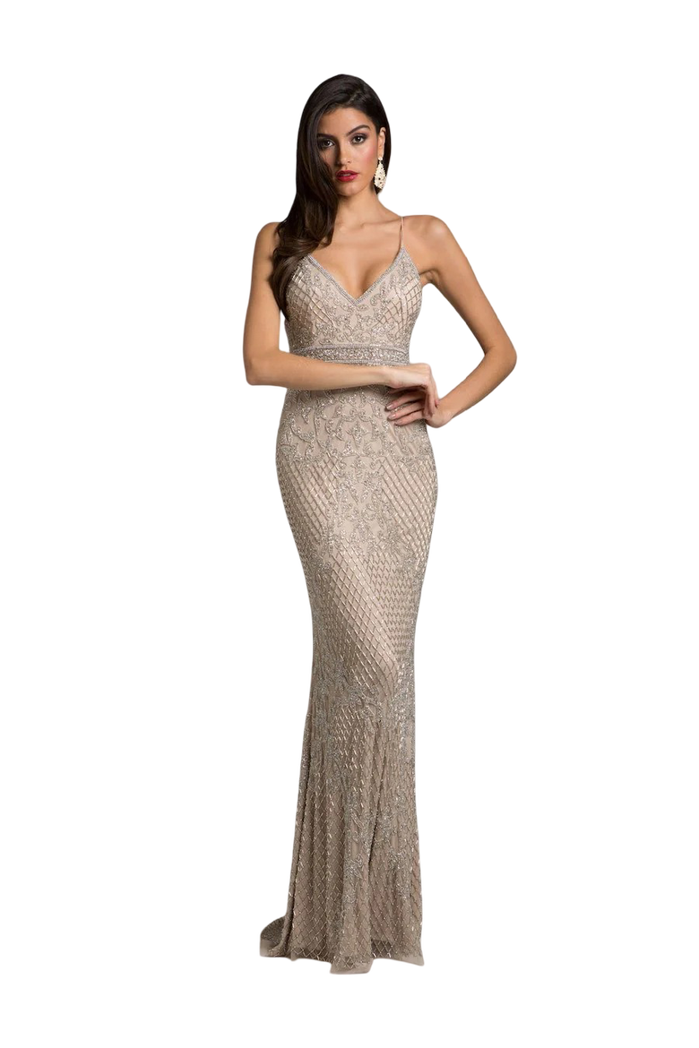 Body Con V-neck Beaded Dress, Main, color, NudeSilver