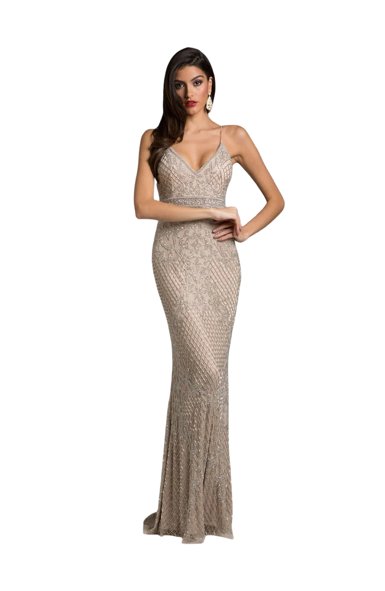 LARA New York Body Con V-neck Beaded Dress, Main, color, Nudesilver