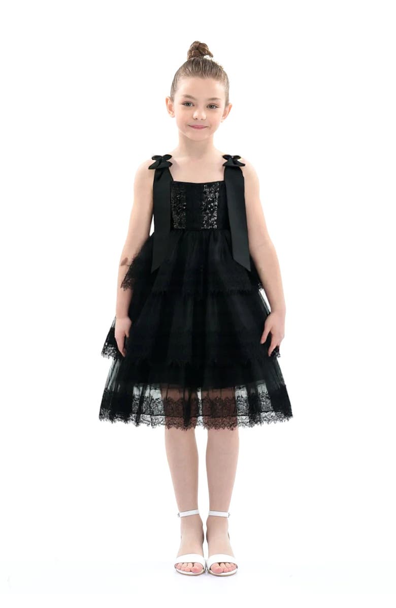Tulleen Ruffle Sleeveless Bow Dress, Main, color, Black