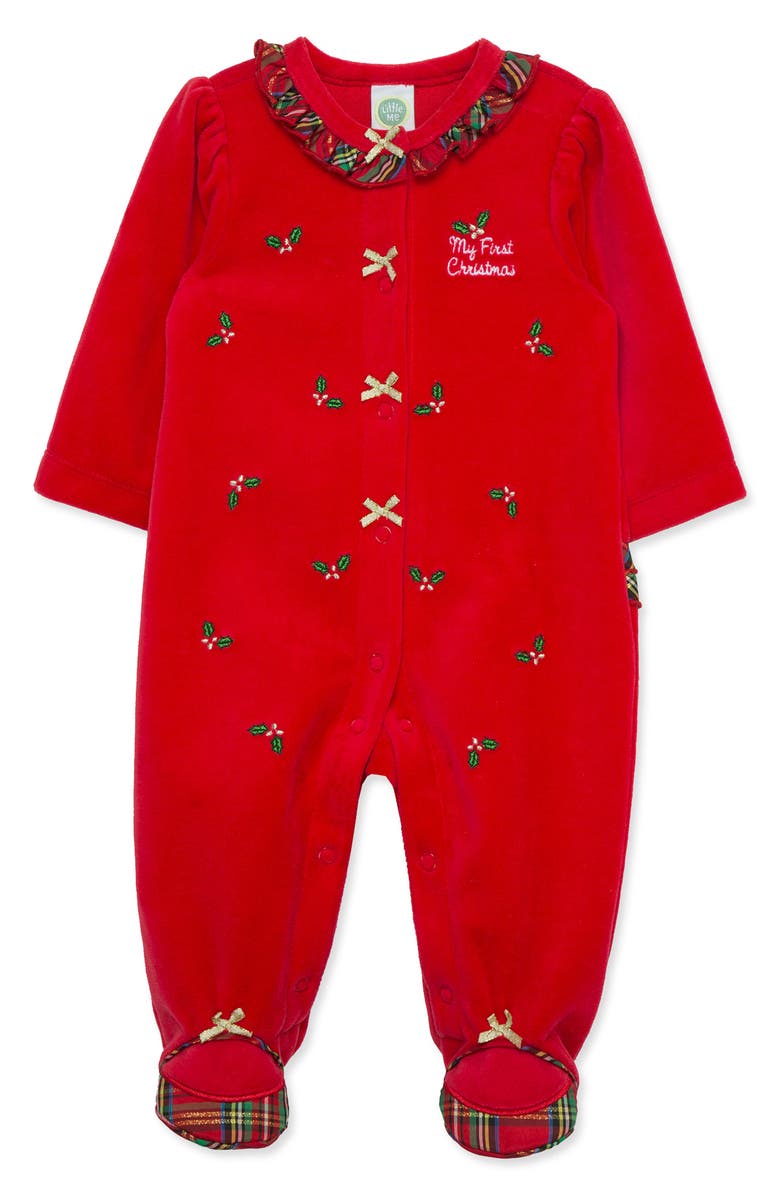 Little Me Holly Embroidered Plaid Trim Cotton Blend Velour Footie, Main, color, Red