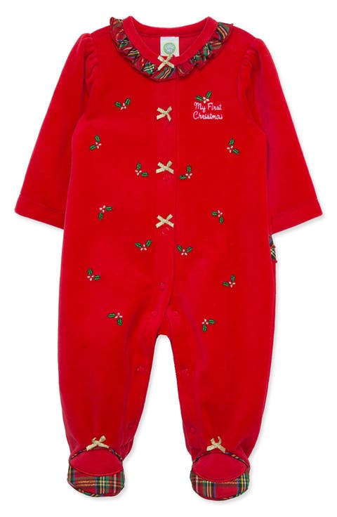 Holly Embroidered Plaid Trim Cotton Blend Velour Footie (Baby)