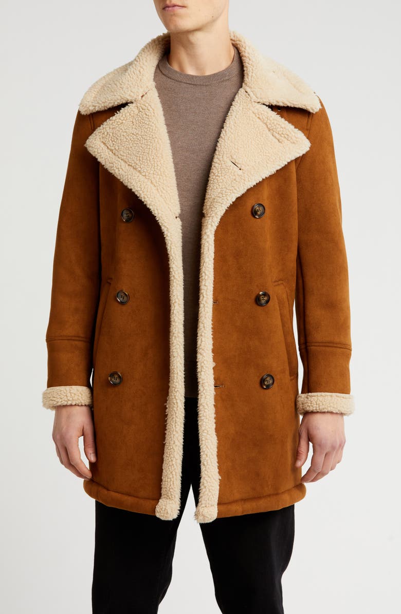 Braveman Faux Shearling Lined Double-Breasted Overcoat, Main, color, Cognac
