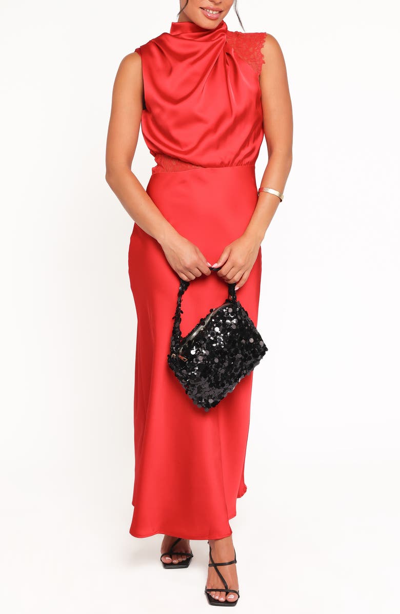 Petal & Pup Anabelle Mock Neck Satin Maxi Dress, Main, color, Red