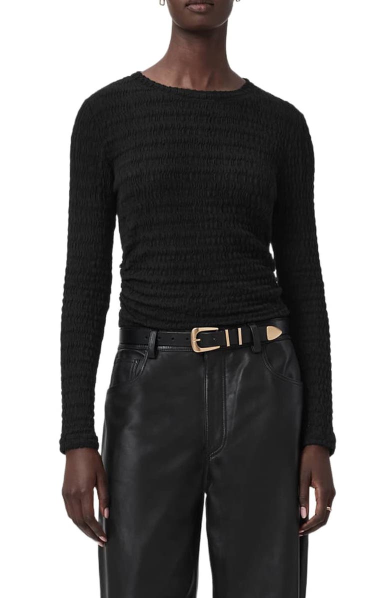 AllSaints Long Sleeve Shirred Top, Main, color, Black