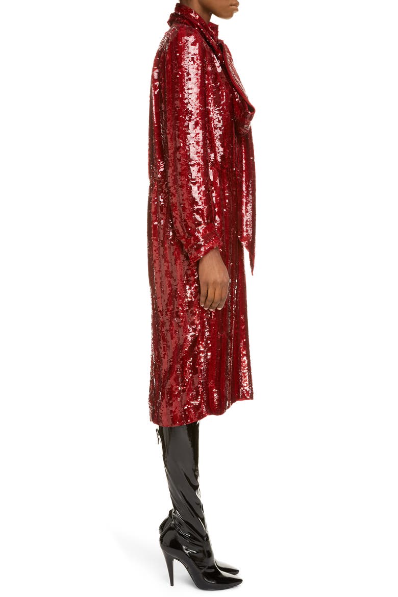 Tie Neck Long Sleeve Sequin Midi Dress, Alternate, color, ROUGE ROYAL