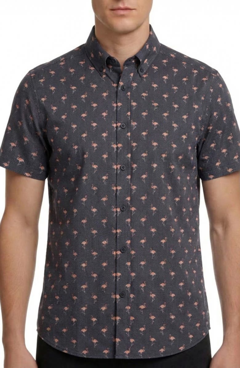 Report Collection Flamingo Print Short Sleeve Seersucker Button-Down Shirt, Main, color, Navy