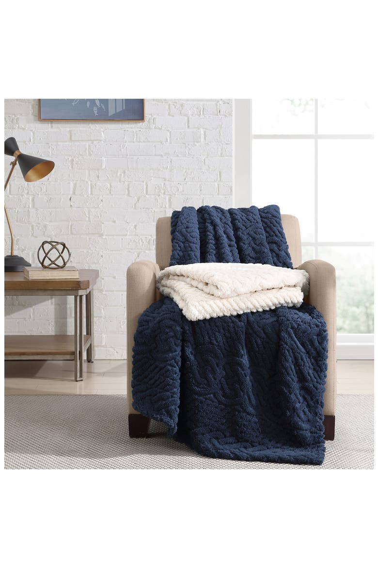 Declan Faux Shearling Throw Blanket, Alternate, color, NAVY