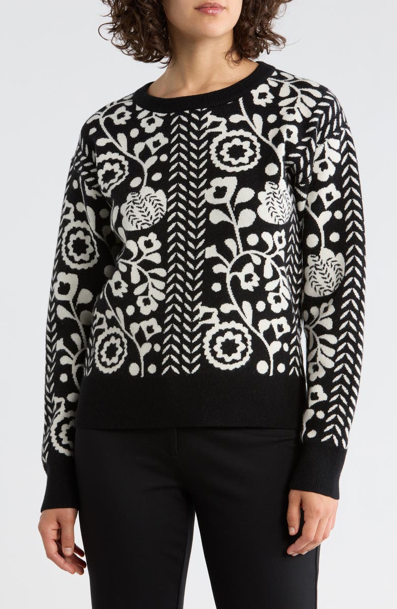 ELIE ELIE TAHARI Floral Jacquard Sweater, Main, color, Black/ Dune White