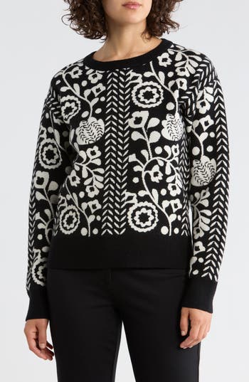 Elie Elie Tahari Floral Jacquard Sweater In Black