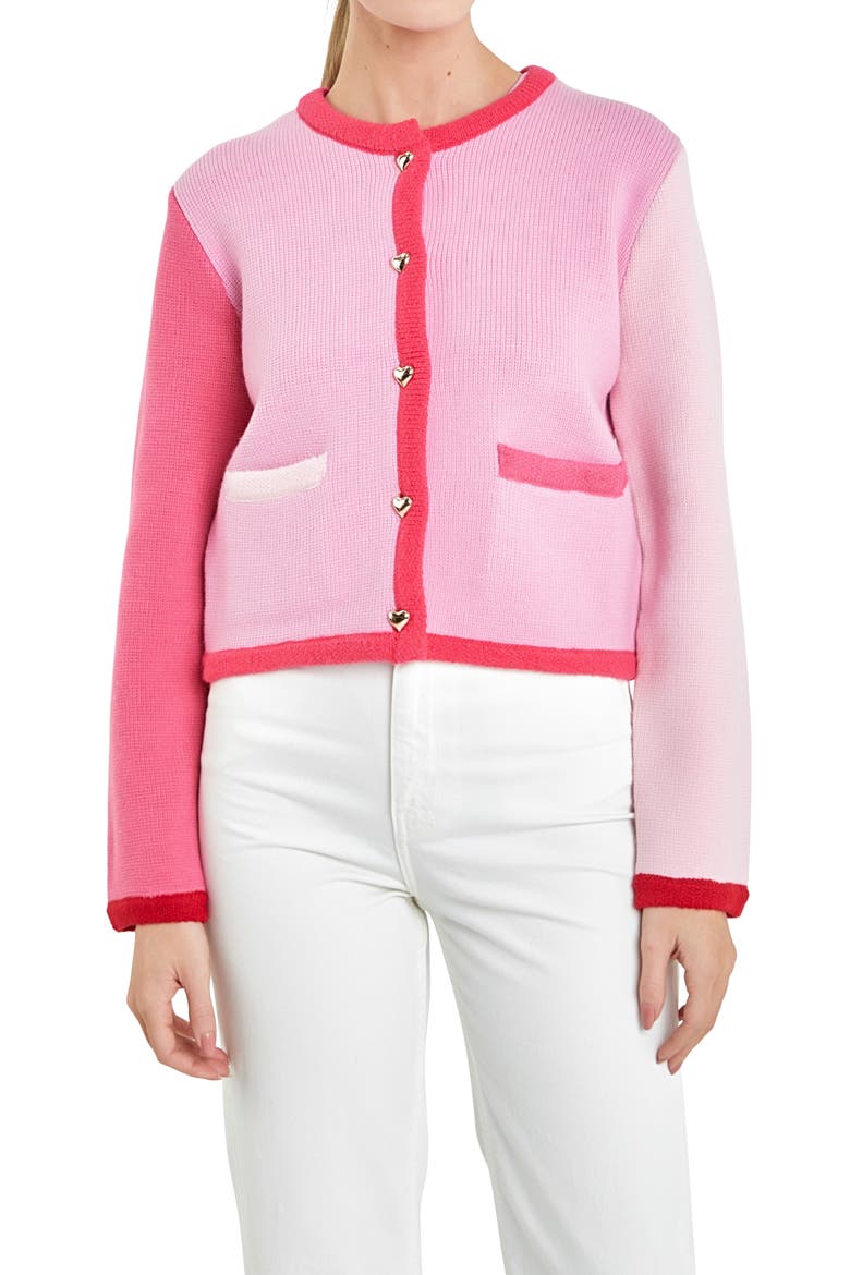 Colorblock Heart Button Cardigan, Alternate, color, PINK MULTI