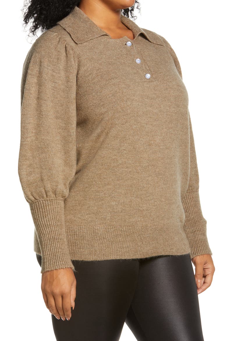 Bella Puff Sleeve Polo Sweater, Alternate, color, FOSSIL
