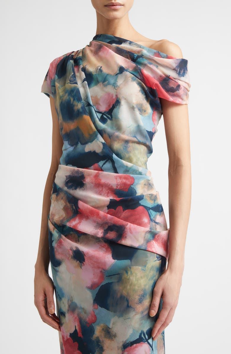 Lela Rose Abstract Floral Draped Asymmetric One-Shoulder Chiffon Gown, Alternate, color, Mist Multi