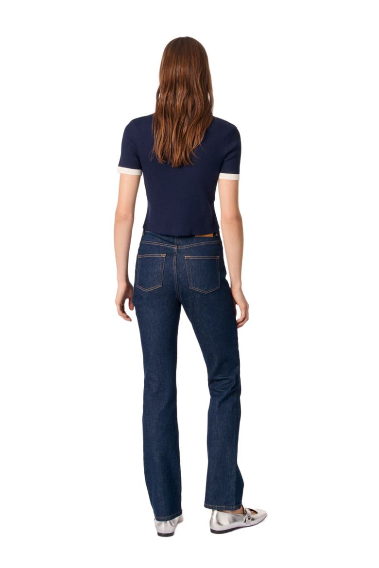 Cropped short sleeve cardigan, Alternate, color, Navy / ecru