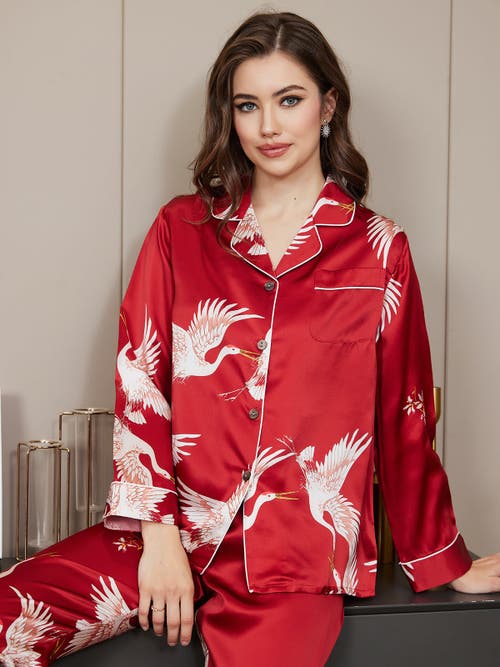Silksilky 19momme Pure Silk Printed Classic Binding Trim Womens Pajama Set In Darkred