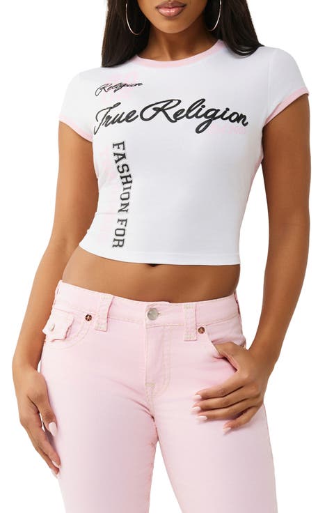 Sporty Contrast Crop Stretch Cotton Graphic T-Shirt