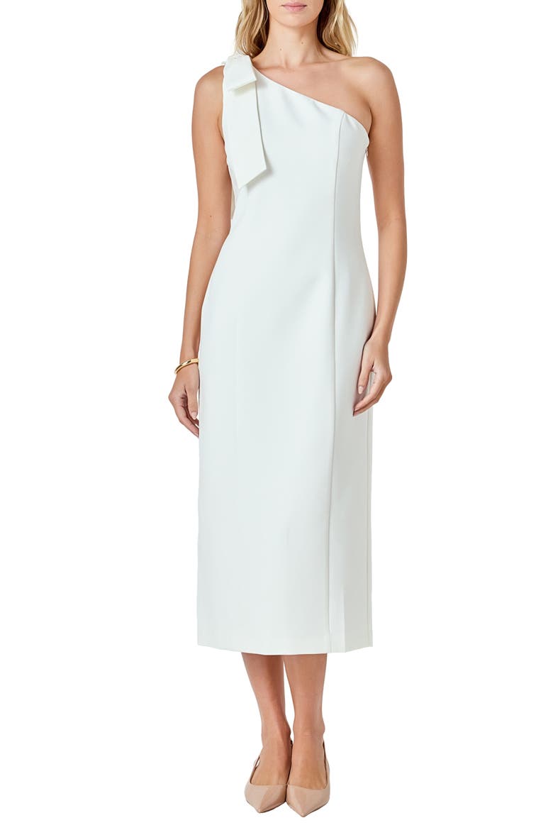 Bow Accent One-Shoulder Midi Dress, Main, color, WHITE