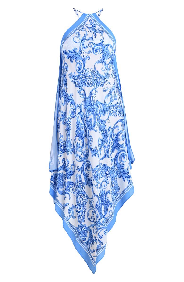 L'AGENCE Elise Halter Neck Handkerchief Midi Dress, Alternate, color, Blue/White
