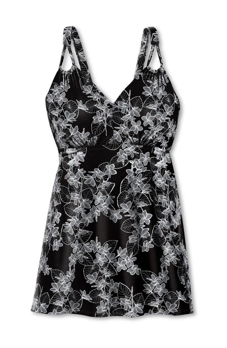 Swim 365 Loop-Strap V-Neck Tummy Control Two-Piece Swim Dress, Alternate, color, Black Stencil Leaf Print
