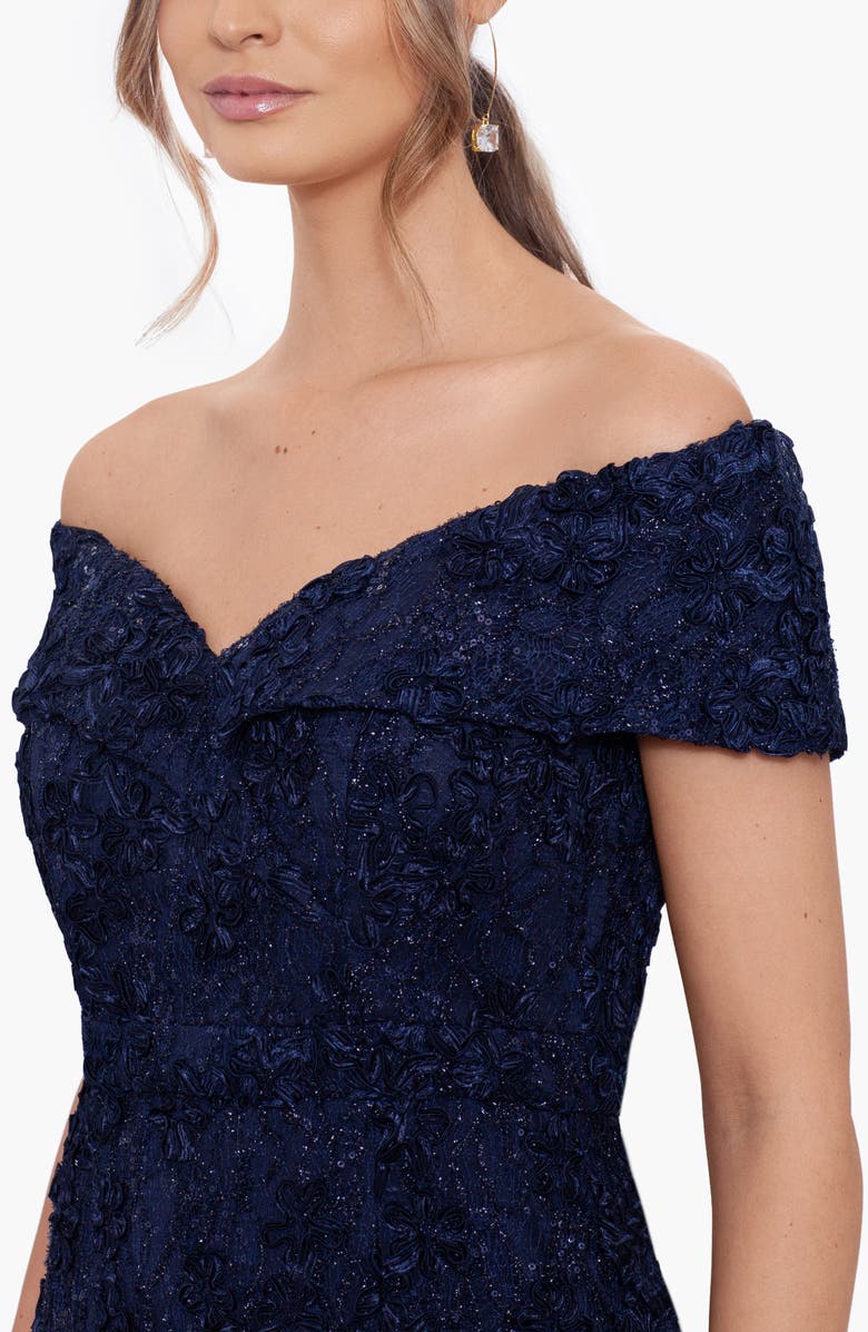 Xscape Evenings Off the Shoulder Embroidered Gown, Alternate, color, Navy