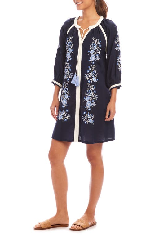 Karen Kane Embroidered Floral Peasant Dress In Navy