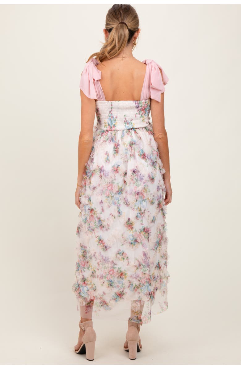 PinkBlush Floral Smocked Shoulder Tie Ruffled Midi Dress, Alternate, color, Cream