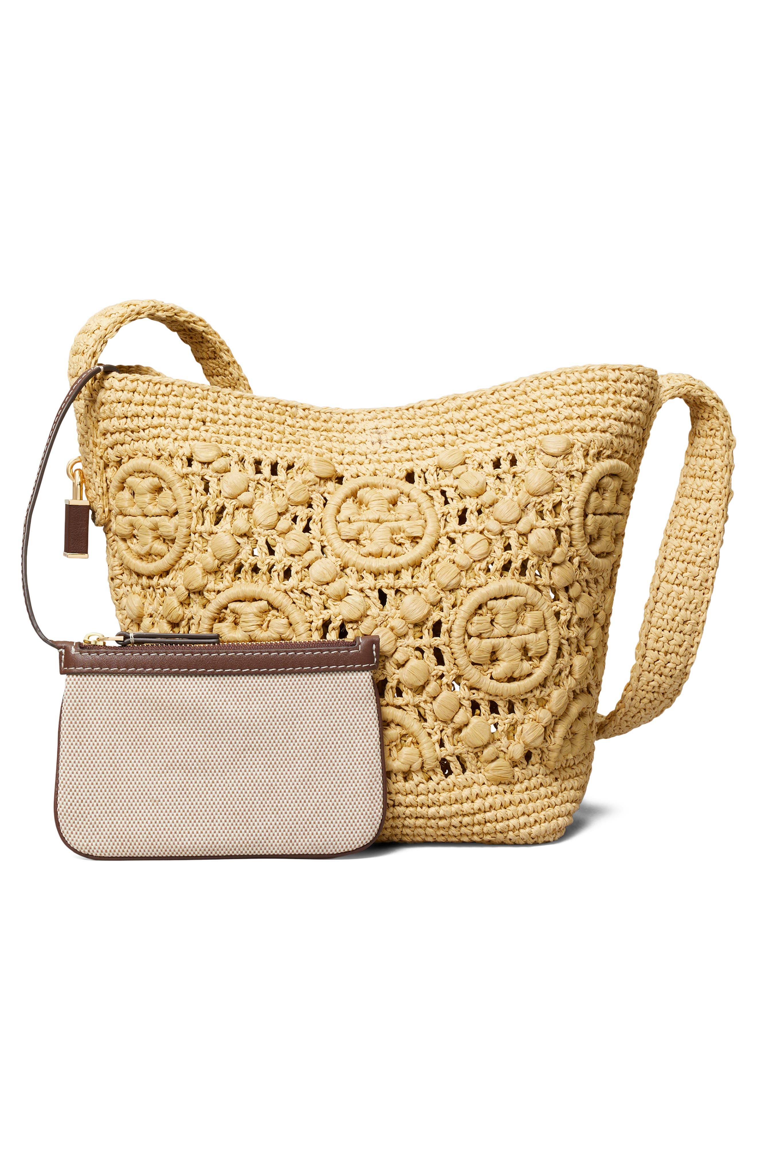 Lock T Monogram Crochet Slim Straw Shoulder Bag, Alternate, color, NATURAL