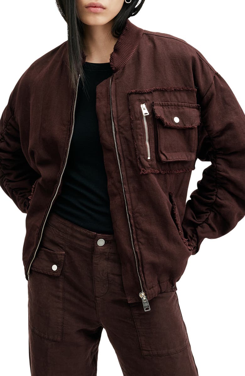 AllSaints Rue Cotton & Linen Bomber Jacket, Main, color, Dark Wine Red