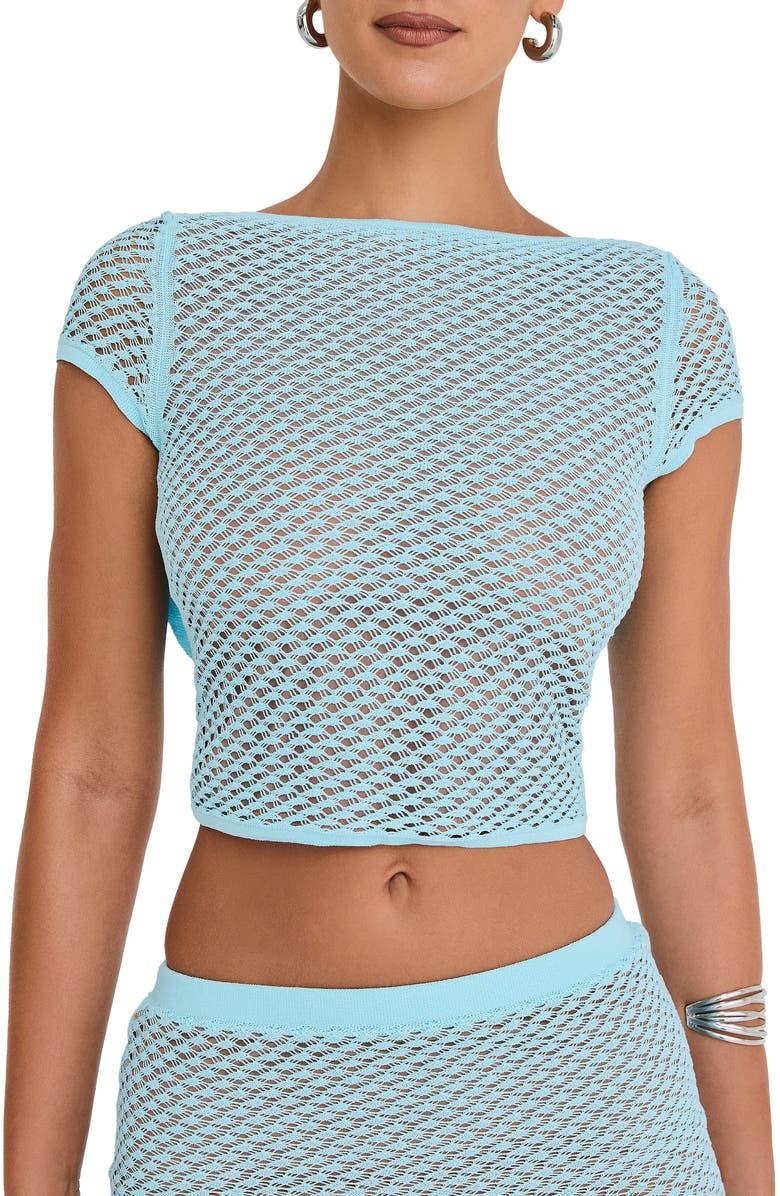 Mistress Rocks Ruffle Knit Open Back Crop Top, Main, color, Seafoam